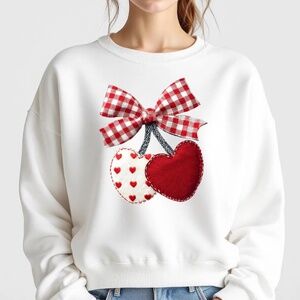 Valentine's Day Gingham Bow & Fabric Heart Cherries Sweatshirt S M L XL New